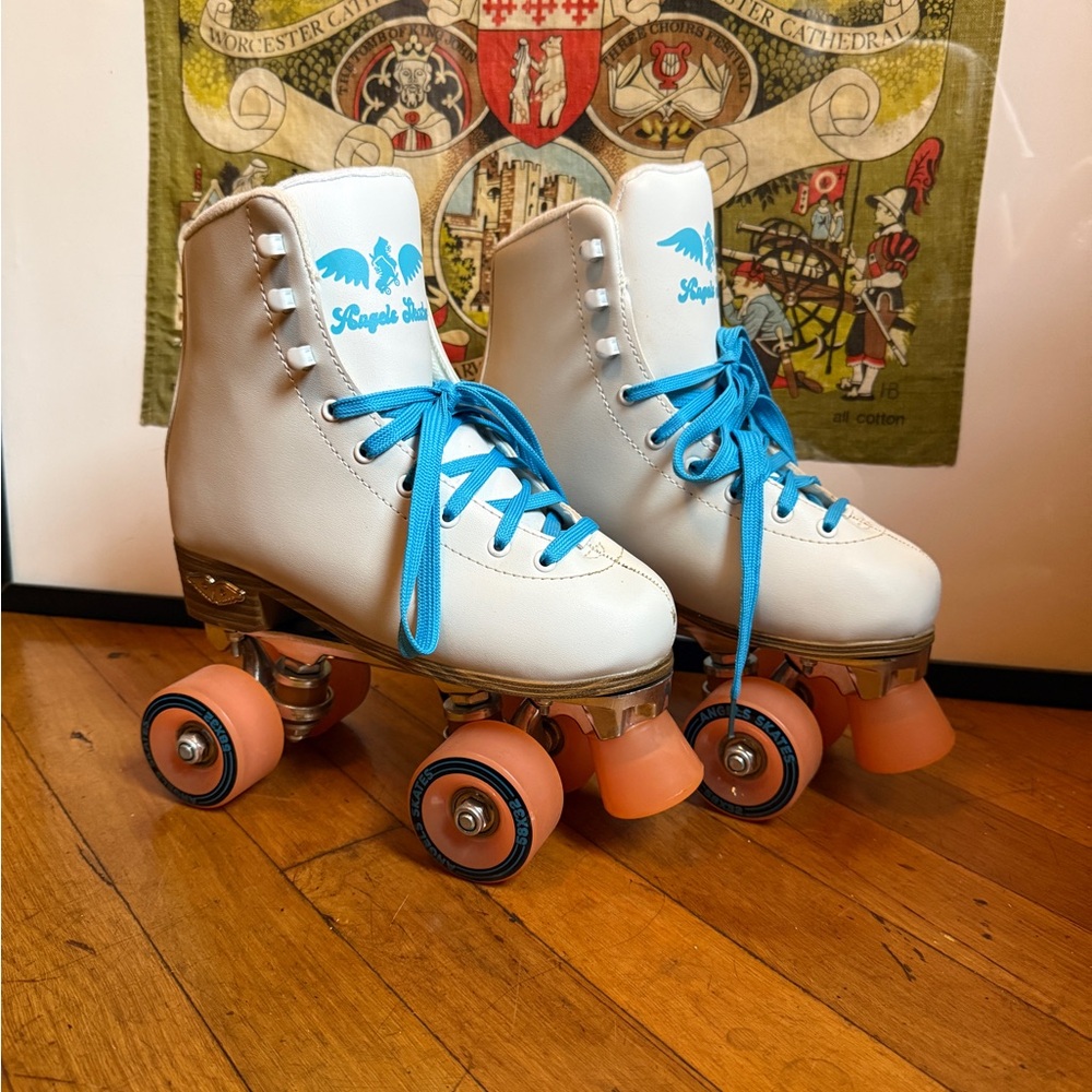 White Roller Skates with Blue Laces Pink Wheels / Angels Skates